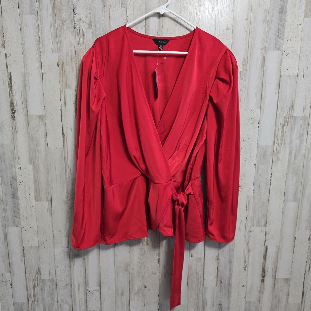 Adiva Red Faux Wrap Silky Long Puff Sleeve Blouse Plus Size 1X